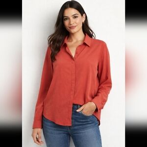 Express Women’s Size Large Coral Button Front Blouse Long Sleeve Portofino Style